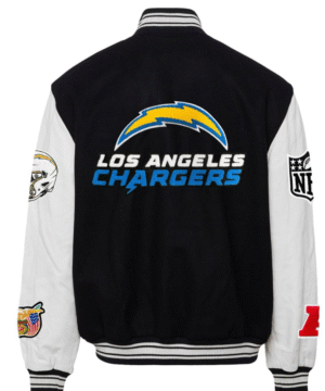 Elevate your game day style with the Los Angeles Chargers Wool & Leather Varsity Jacket. A perfect blend of comfort and team spirit in black and white.