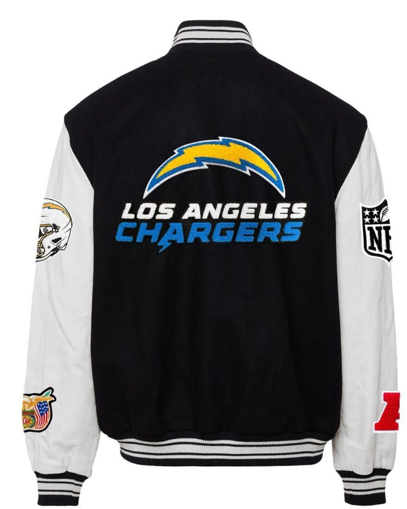 Elevate your game day style with the Los Angeles Chargers Wool & Leather Varsity Jacket. A perfect blend of comfort and team spirit in black and white. Elevate your game day style with the Los Angeles Chargers Wool & Leather Varsity Jacket. A perfect blend of comfort and team spirit in black and white.