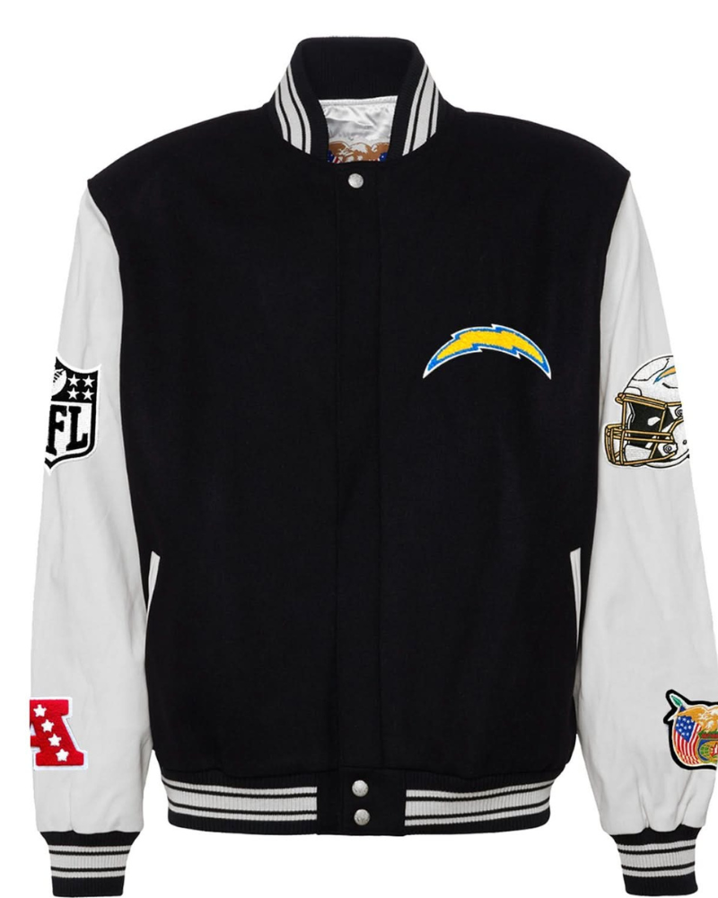 Elevate your game day style with the Los Angeles Chargers Wool & Leather Varsity Jacket. A perfect blend of comfort and team spirit in black and white. Elevate your game day style with the Los Angeles Chargers Wool & Leather Varsity Jacket. A perfect blend of comfort and team spirit in black and white.