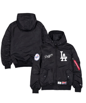 Men's Los Angeles Dodgers New Era x Alpha Industries Black Current Day Full-Zip Hooded Nylon Bomber Jacket