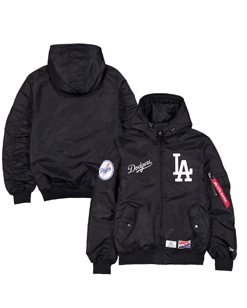 Men's Los Angeles Dodgers New Era x Alpha Industries Black Current Day Full-Zip Hooded Nylon Bomber Jacket Men's Los Angeles Dodgers New Era x Alpha Industries Black Current Day Full-Zip Hooded Nylon Bomber Jacket