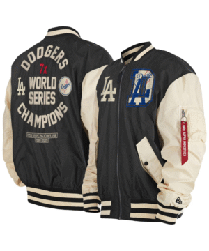 Men's Los Angeles Dodgers New Era x Alpha Industries Black Seven-Time World Series Champions Team Reversible Full-Zip Bomber Jacket
