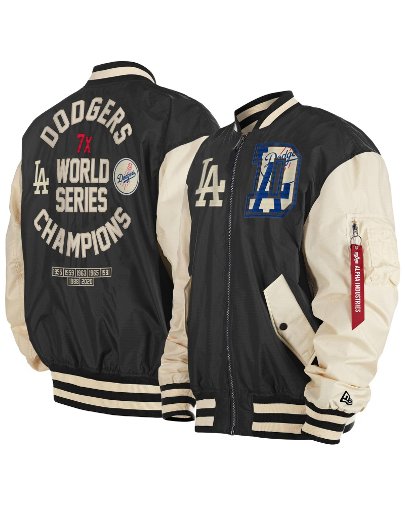 Men's Los Angeles Dodgers New Era x Alpha Industries Black Seven-Time World Series Champions Team Reversible Full-Zip Bomber Jacket Men's Los Angeles Dodgers New Era x Alpha Industries Black Seven-Time World Series Champions Team Reversible Full-Zip Bomber Jacket