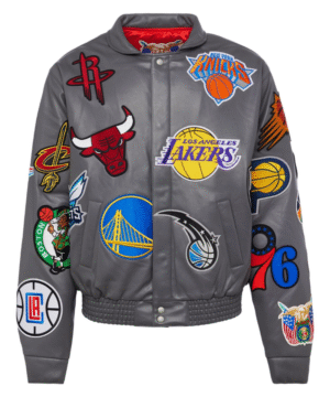 NBA COLLAGE VEGAN LEATHER JACKET Grey