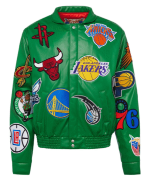 NBA COLLAGE VEGAN LEATHER JACKET Kelly Green