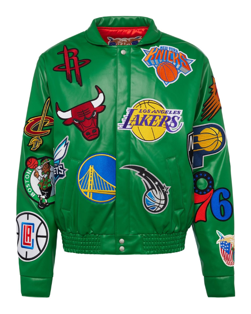 NBA COLLAGE VEGAN LEATHER JACKET Kelly Green NBA COLLAGE VEGAN LEATHER JACKET Kelly Green