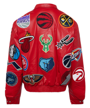 NBA COLLAGE VEGAN LEATHER JACKET Red