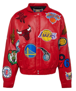 NBA COLLAGE VEGAN LEATHER JACKET Red
