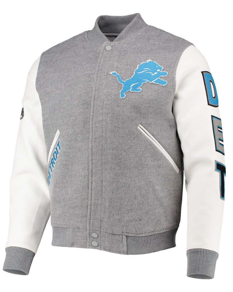 Detroit Lions Pro Standard Logo Varsity Full-Zip Jacket - Heathered SilverWhite (2) Detroit Lions Pro Standard Logo Varsity Full-Zip Jacket - Heathered Silver/White