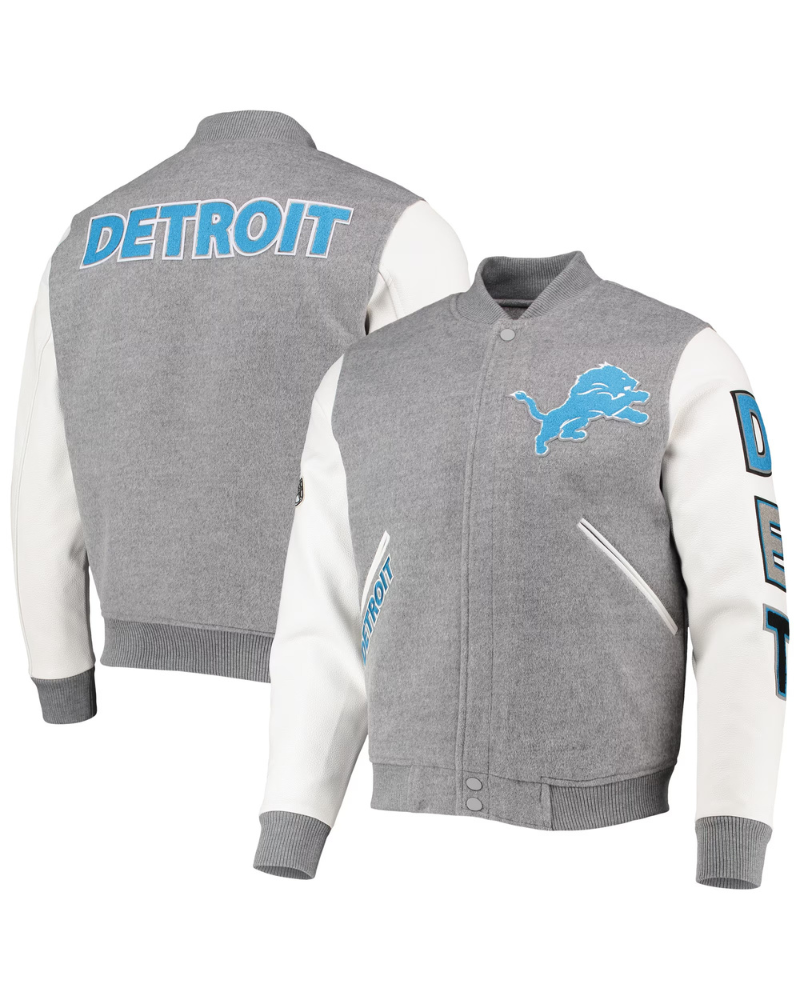 Detroit Lions Pro Standard Logo Varsity Full-Zip Jacket - Heathered SilverWhite Detroit Lions Pro Standard Logo Varsity Full-Zip Jacket - Heathered Silver/White